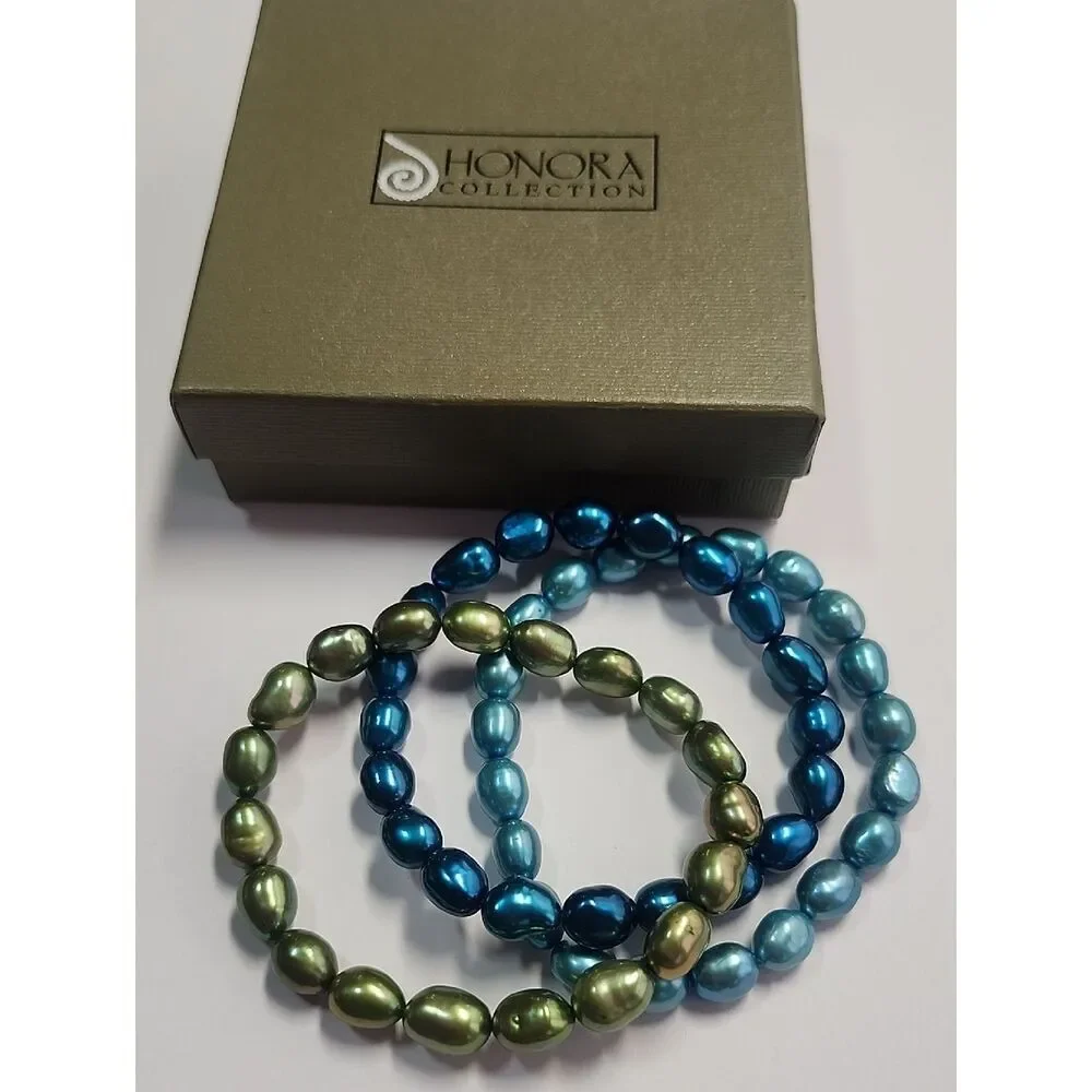 Honora Blue and Green Pearl Stretch Bracelet Set